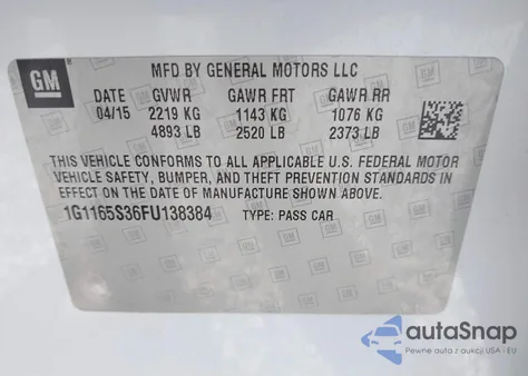 2015 Chevrolet Impala 2Lz from USA, damaged, VIN 1G1165S36FU138384